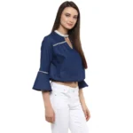 Generic Women's Polyester Solid Bell Sleeve Regular Top (Blue) - Image 5