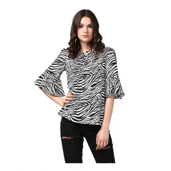Generic Women's Polyester Animal Print Bell Sleeve Top (Black - White)