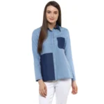 Generic Women's Denim Patch Work Long Sleeves Regular Top (Blue)