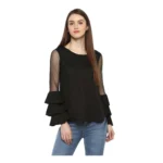 Generic Women's Polyester Solid Tier Sleeve Top (Black)
