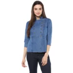 Generic Women's Denim Solid 3-4th Sleeves Regular Top (Blue)