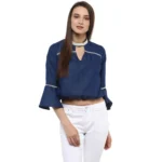 Generic Women's Polyester Solid Bell Sleeve Regular Top (Blue)