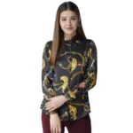 Generic Women's Satin Printed Long Sleeves Standard Length Shirt (Black - Gold)