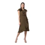 Generic Women's Polyester Ruffled Cap Sleeve Knee-Length Dress (Olive)