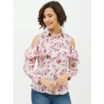 Generic Women's Polyester Floral Cold Shoulder Standard Length Shirt (White)