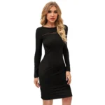 Generic Women's Knitting stretchable Solid Round Neck Full Sleeve Dress (Black) - Image 4