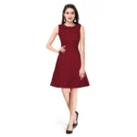 Generic Women's Polyester Solid Round Neck Sleeveless Dress (Maroon)