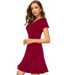 Generic Women's Knitting stretchable Solid V Neck Flaired Sleeve Dress (Maroon ) - Image 2
