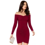 Generic Women's Knitting stretchable Solid V Neck Full Sleeve Dress (Maroon)