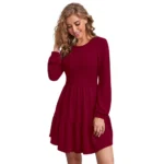 Generic Women's Knitting stretchable Solid Round Neck Full Sleeve Dress (Maroon) - Image 4