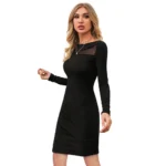 Generic Women's Knitting stretchable Solid Round Neck Full Sleeve Dress (Black) - Image 2