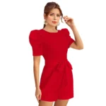 Generic Women's Knitting stretchable Solid Round Neck 3-4 Puff Sleeve Dress (Red ) - Image 4