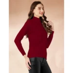 Generic Women's Polyester Solid High Neck Full Sleeve T-Shirt (Maroon) - Image 2