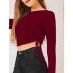 Generic Women's Polyester Solid Round Neck Full Sleeve Top (Maroon) - Image 2