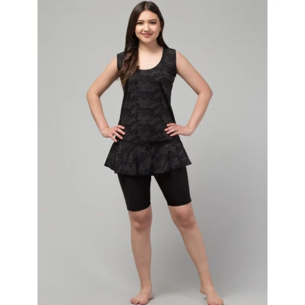 Generic Women's Polyester Spandex Printed Slip On Round Neck Swimsuit Set (Black)