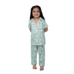 Generic Girl's Silk Bleand Printed Short Sleeve Night Suit Set (Light Green)