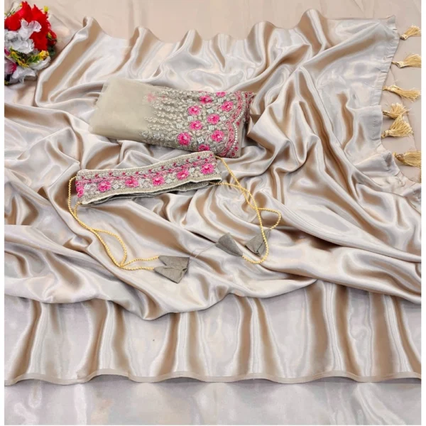 Generic Women's Satin Solid Saree With Unstitched Blouse (Beige, 5-5 Mtrs)