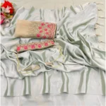 Generic Women's Satin Solid Saree With Unstitched Blouse (Offwhite, 5-5 Mtrs)