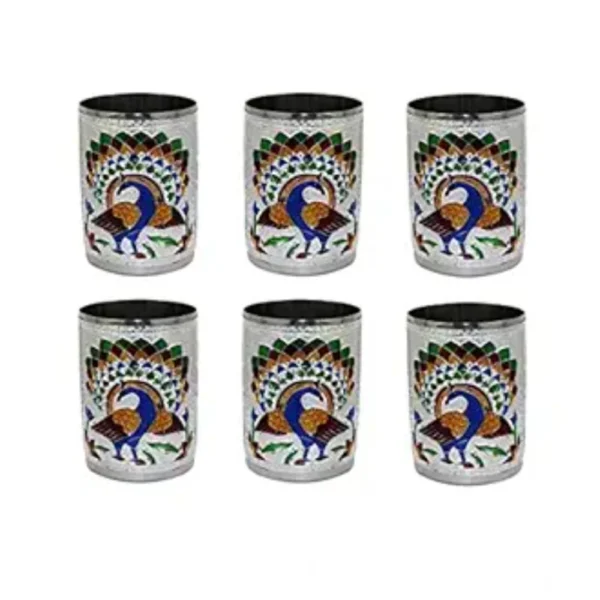 Generic Steel Meenakari Peacock Design Decorative Glass Set (Silver)
