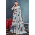 Generic Women's Linen Floral Printed Saree With Unstitched Blouse 5.5Mtr (Off-White) - Image 2