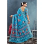 Generic Women's Linen Floral Printed Saree With Unstitched Blouse 5.5Mtr (Blue) - Image 4