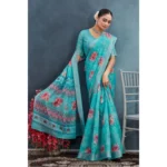 Generic Women's Linen Floral Printed Saree With Unstitched Blouse 5.5Mtr (Aqua) - Image 3