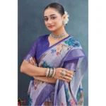 Generic Women's Linen Floral Printed Saree With Unstitched Blouse 5.5Mtr (Purple) - Image 4