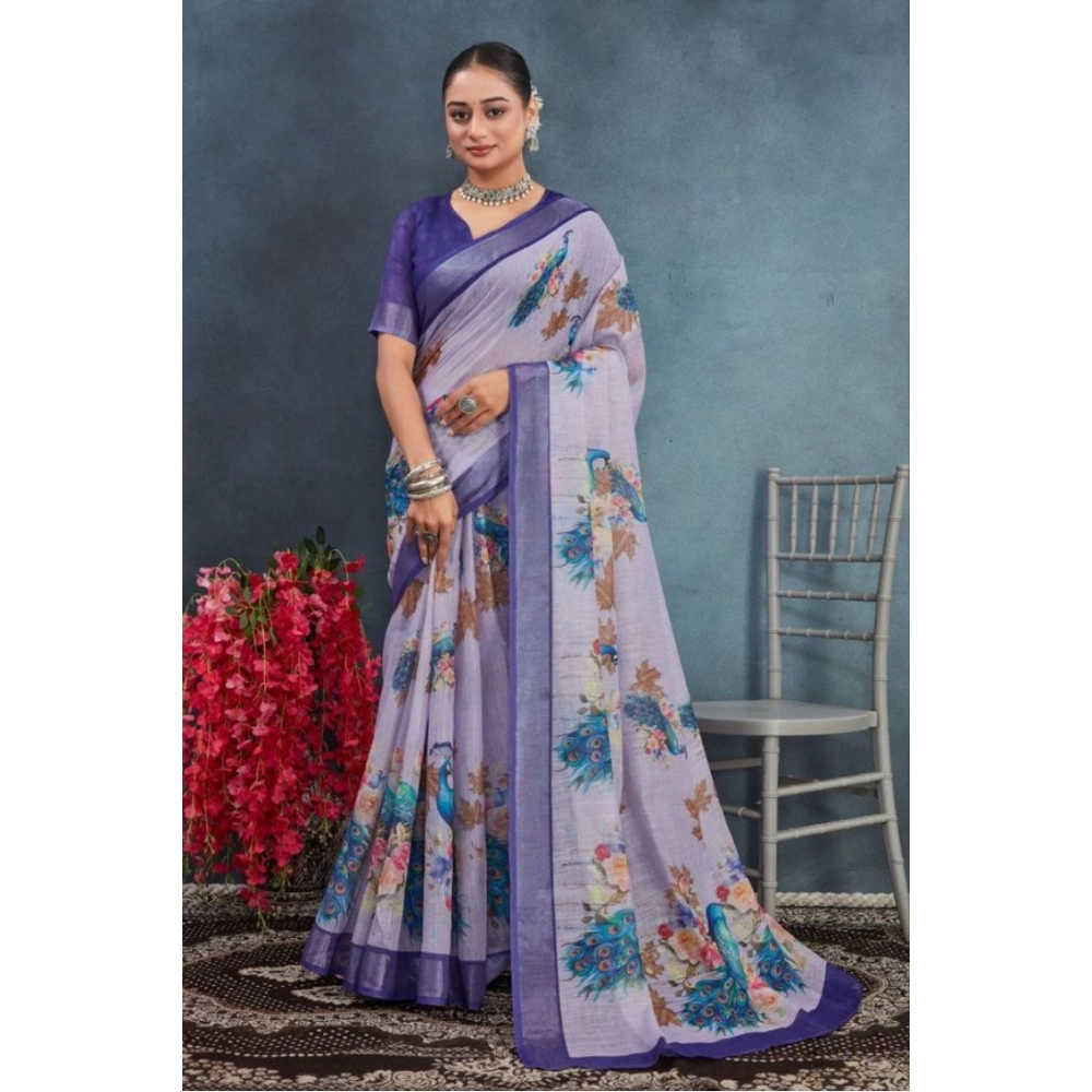 54364364531_a4f222e6a2_o_d-1000x1000-1.webp Generic Women's Linen Floral Printed Saree With Unstitched Blouse 5.5Mtr (Purple) - Image 1