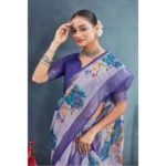 Generic Women's Linen Floral Printed Saree With Unstitched Blouse 5.5Mtr (Purple) - Image 3