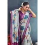 Generic Women's Linen Floral Printed Saree With Unstitched Blouse 5.5Mtr (Magenta) - Image 4
