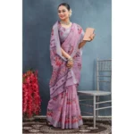 Generic Women's Linen Floral Printed Saree With Unstitched Blouse 5.5Mtr (Purple) - Image 3