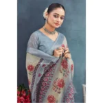 Generic Women's Linen Floral Printed Saree With Unstitched Blouse 5.5Mtr (Beige) - Image 2