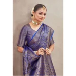 Generic Women's Silk Blend Floral Printed Saree With Unstitched Blouse 5.5Mtr (Royal Blue) - Image 2