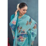 Generic Women's Linen Floral Printed Saree With Unstitched Blouse 5.5Mtr (Aqua) - Image 4