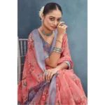 Generic Women's Linen Floral Printed Saree With Unstitched Blouse 5.5Mtr (Peach) - Image 2