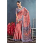 Generic Women's Linen Floral Printed Saree With Unstitched Blouse 5.5Mtr (Peach) - Image 4