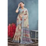 Generic Women's Linen Floral Printed Saree With Unstitched Blouse 5.5Mtr (Beige)