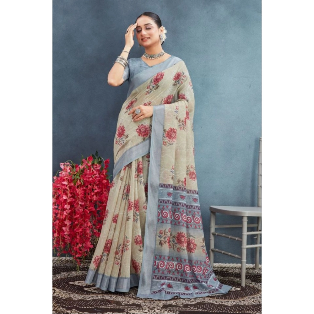 54364569769_5c3d89a7cf_o_d-1000x1000-1.webp Generic Women's Linen Floral Printed Saree With Unstitched Blouse 5.5Mtr (Beige) - Image 1