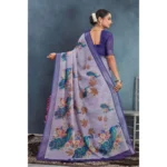 Generic Women's Linen Floral Printed Saree With Unstitched Blouse 5.5Mtr (Purple) - Image 2