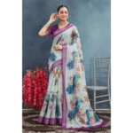 Generic Women's Linen Floral Printed Saree With Unstitched Blouse 5.5Mtr (Magenta) - Image 3