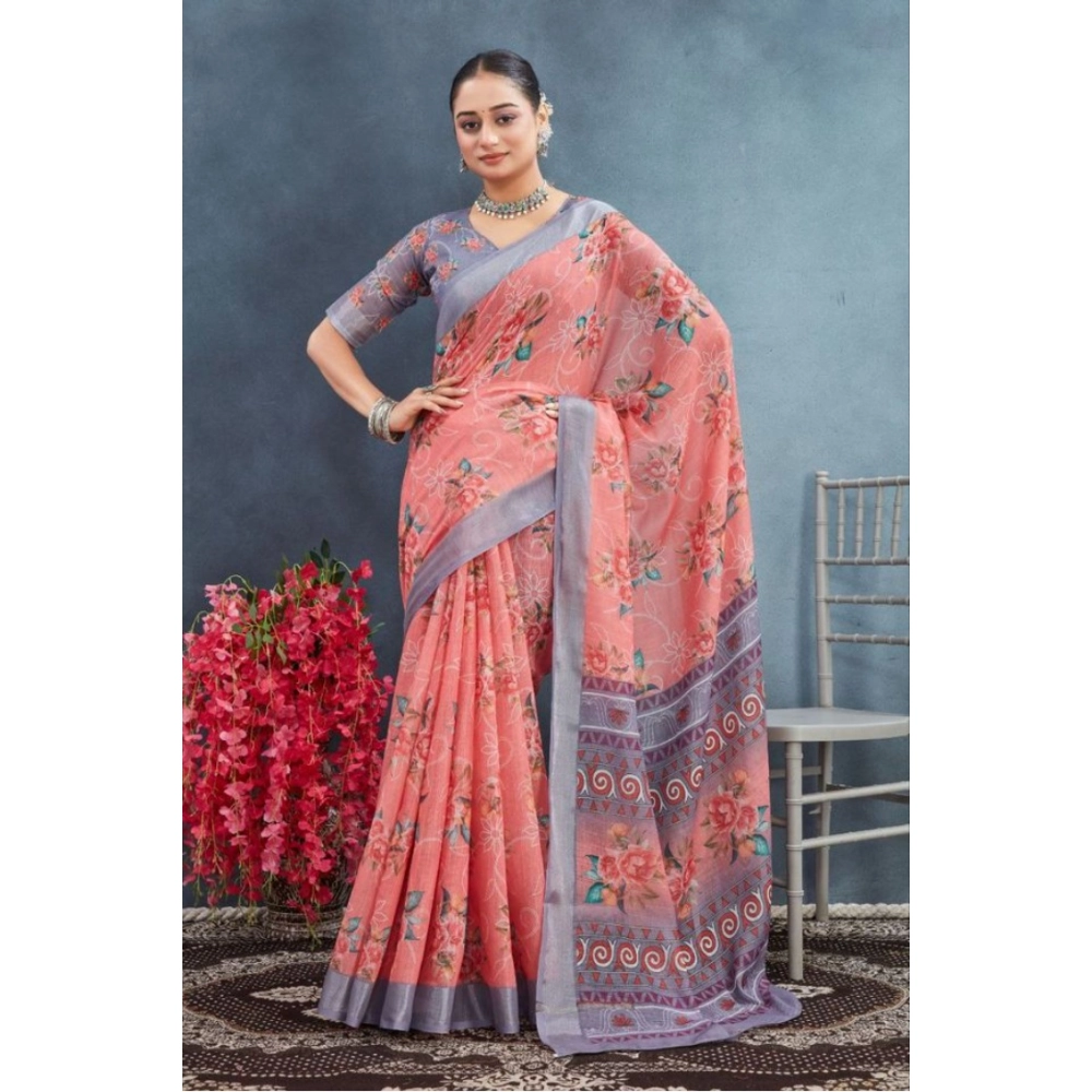54364590023_d6920a7204_o_d-1000x1000-1.webp Generic Women's Linen Floral Printed Saree With Unstitched Blouse 5.5Mtr (Peach) - Image 1