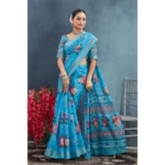 Generic Women's Linen Floral Printed Saree With Unstitched Blouse 5.5Mtr (Blue) - Image 3