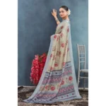 Generic Women's Linen Floral Printed Saree With Unstitched Blouse 5.5Mtr (Beige) - Image 3