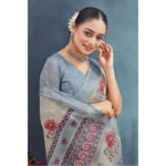 Generic Women's Linen Floral Printed Saree With Unstitched Blouse 5.5Mtr (Beige) - Image 4