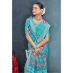 Generic Women's Linen Floral Printed Saree With Unstitched Blouse 5.5Mtr (Aqua) - Image 2