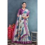 Generic Women's Linen Floral Printed Saree With Unstitched Blouse 5.5Mtr (Magenta) - Image 2