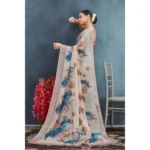 Generic Women's Linen Floral Printed Saree With Unstitched Blouse 5.5Mtr (Beige) - Image 4