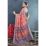 Generic Women's Linen Floral Printed Saree With Unstitched Blouse 5.5Mtr (Peach) - Image 3