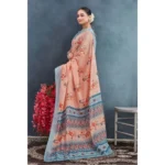 Generic Women's Linen Floral Printed Saree With Unstitched Blouse 5.5Mtr (Orange) - Image 4