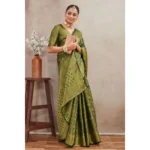 Generic Women's Silk Blend Floral Printed Saree With Unstitched Blouse 5.5Mtr (Green) - Image 3